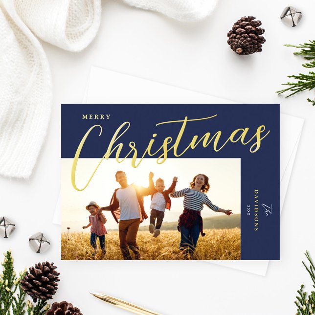 Merry Christmas Modern Blue Gold Script Photo (Creator Uploaded)