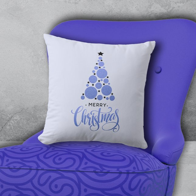 Merry Christmas Modern Blue Tree Holiday Cushion (PIllow with Merry Christmas and modern blue Christmas tree on pale blue background. Choose size. )