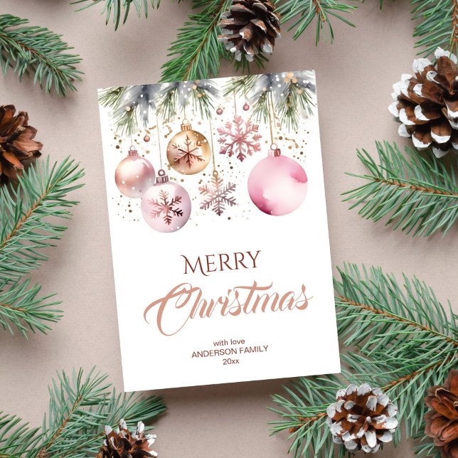 Merry Christmas modern boho metallic watercolor Holiday Card (Merry Christmas holiday greeting card template digital template rose gold metallic baubles pines)