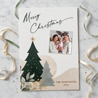 Merry Christmas Modern Calligraphy Tree Photo Star Holiday Card