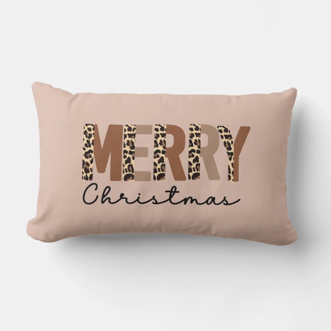 "Merry Christmas" Modern Colour Block Leopard Boho Lumbar Cushion (Front)