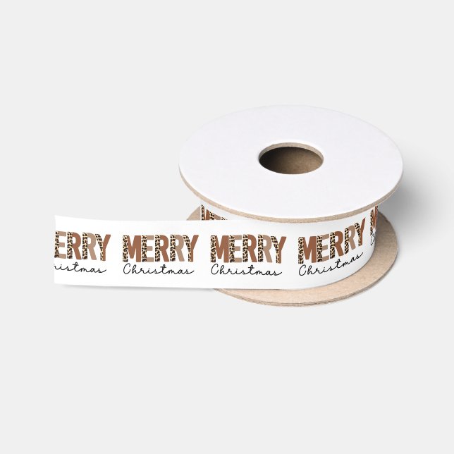 "Merry Christmas" Modern Colour Block Leopard Boho Satin Ribbon (Spool)
