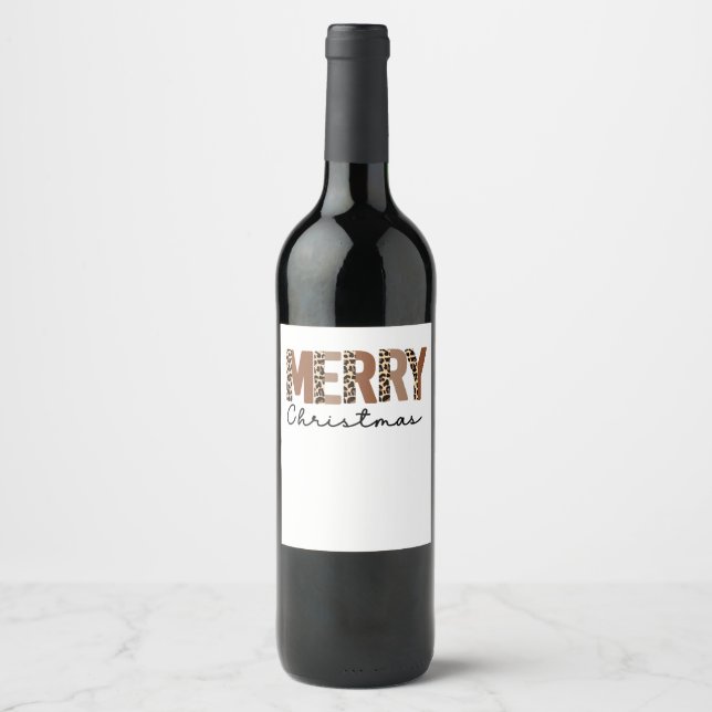"Merry Christmas" Modern Colour Block Leopard Boho Wine Label (Front)