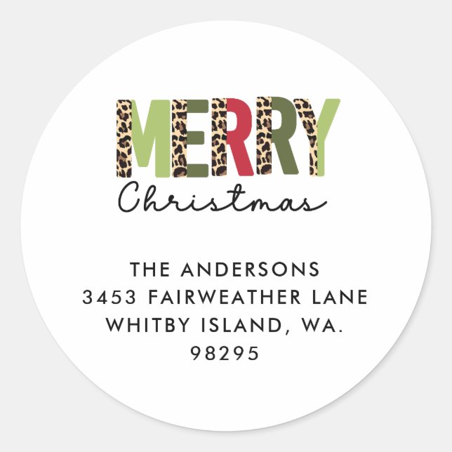 "Merry Christmas" Modern Colour Blocked Leopard  Classic Round Sticker (Front)