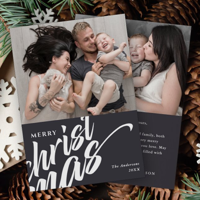 Merry Christmas Modern Custom Message 2-Photo Holiday Card (Creator Uploaded)