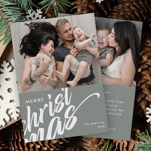Merry Christmas Modern Custom Message 2-Photo Holiday Card