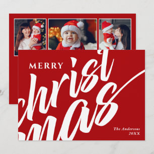 Merry Christmas Modern Custom Message 3-Photo Holiday Card
