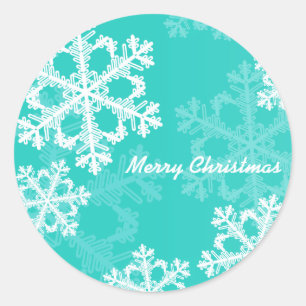 Merry Christmas Modern Cyan Snowflakes Pattern Classic Round Sticker
