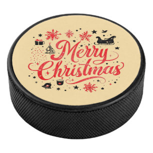 Merry Christmas Modern Design Red & White Hockey Puck