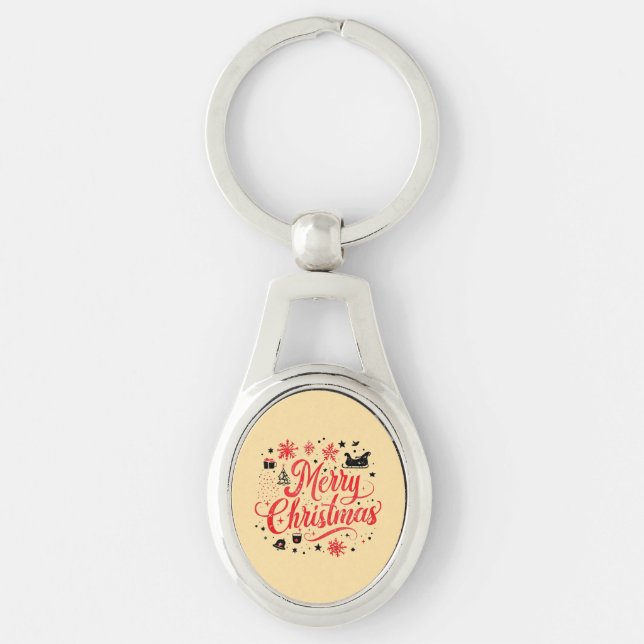 Merry Christmas Modern Design | Red & White Key Ring (Front)