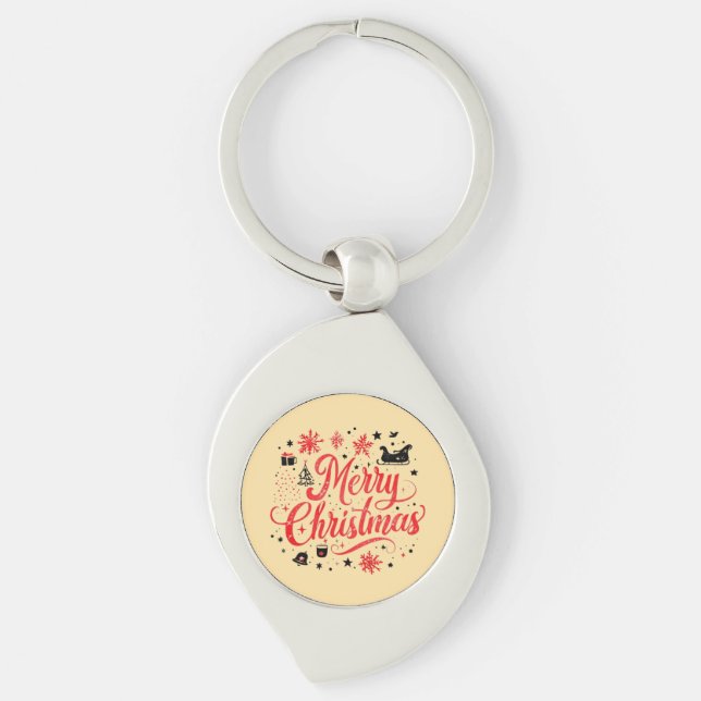 Merry Christmas Modern Design | Red & White Key Ring (Front)