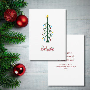 Merry Christmas Modern Evergreen Tree Believe Holiday Card