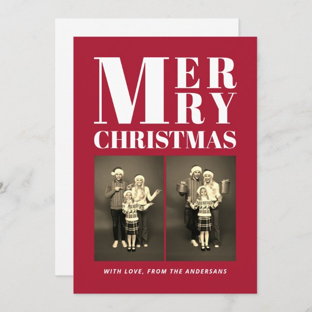 Merry Christmas Modern Family 2 Photo Collage Red Holiday Card (Front/Back)
