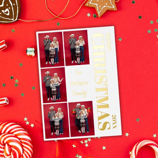 Merry Christmas Modern Family 5 Photo Collage Gold (Merry Christmas Minimalist Family 5 Photo Collage Foil Holiday Card)