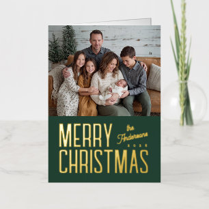 Merry Christmas Modern Family Photo - Green Foil Holiday Card