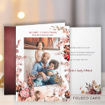 Merry Christmas modern family winter floral photo Holiday Card<br><div class="desc">Modern rustic family photo Merry Christmas folded card featuring seasonal watercolor red burgundy,  orange and blush pink botanical forest foliage and flowers wreath,  and a reindeer on a clear white background.            Easy to personalise with your family photos and wishes on the front side,  and your text and signature inside!</div>