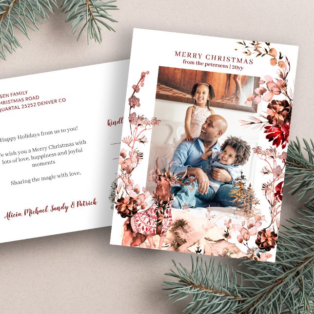 Merry Christmas modern family winter floral photo Holiday Postcard (Creator Uploaded)