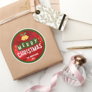 Merry Christmas modern festive red green retro  Classic Round Sticker