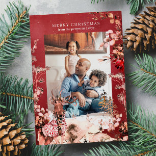 Merry Christmas modern floral and reindeer photo Holiday Card