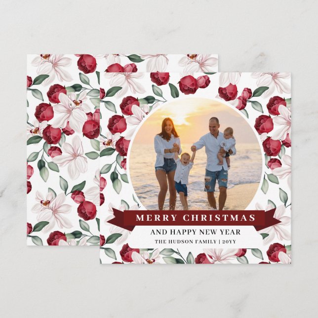 Merry Christmas Modern Floral Photo Holiday (Front/Back)