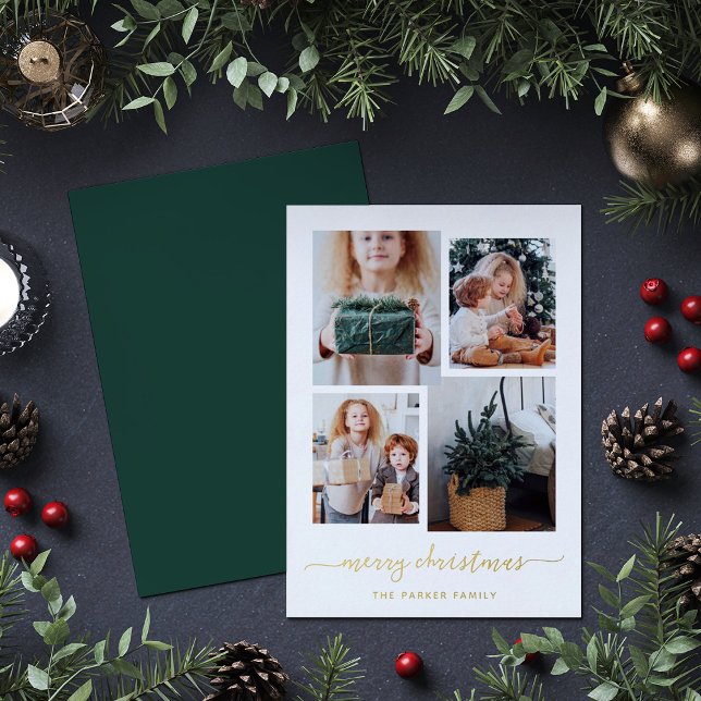 Merry Christmas | Modern Four Photo Collage Gold (A modern Christmas card with a four photo grid, and elegant gold foil script)