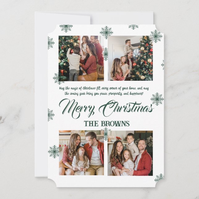 Merry Christmas Modern Four Photo Collage Green  Holiday Card (Front)