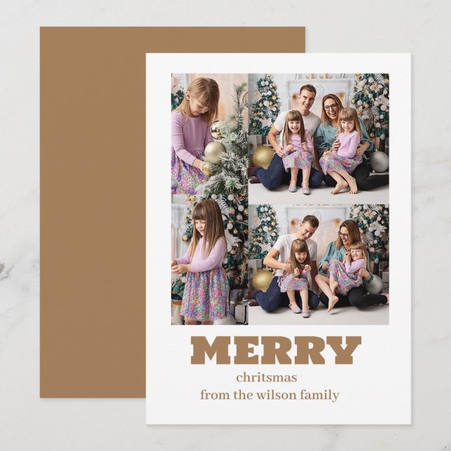 Merry Christmas | Modern Four Photo Collage Holida Holiday Card (Front/Back)