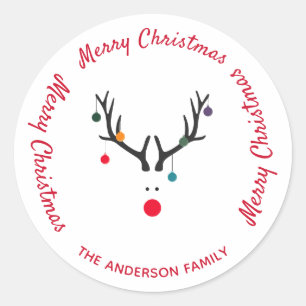 Merry Christmas modern funny reindeer white Classic Round Sticker