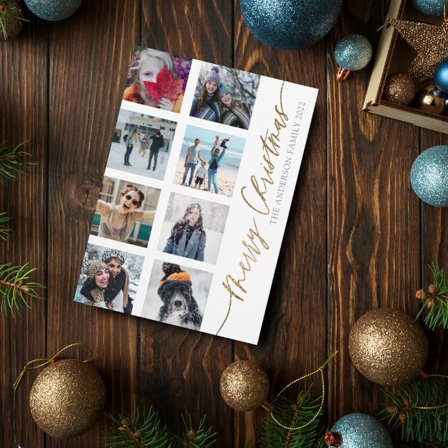 Merry Christmas Modern Gold Script 8 Photo Collage Holiday Card (Creator Uploaded)