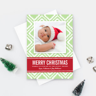 Merry Christmas Modern Green and Red Ikat Photo Holiday Card