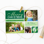 Merry Christmas Modern Green Initial Photo Collage Holiday Card<br><div class="desc">Modern "Merry Christmas" collage template features three (3) photo spaces,  custom text and monogram initial that can be personalised for your family,  shades of green,  and striped / dotted pattern accents.</div>