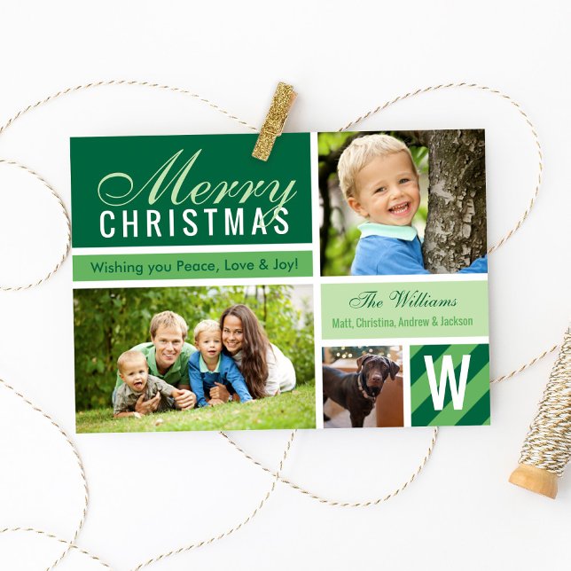 Merry Christmas Modern Green Initial Photo Collage Holiday Card (Creator Uploaded)