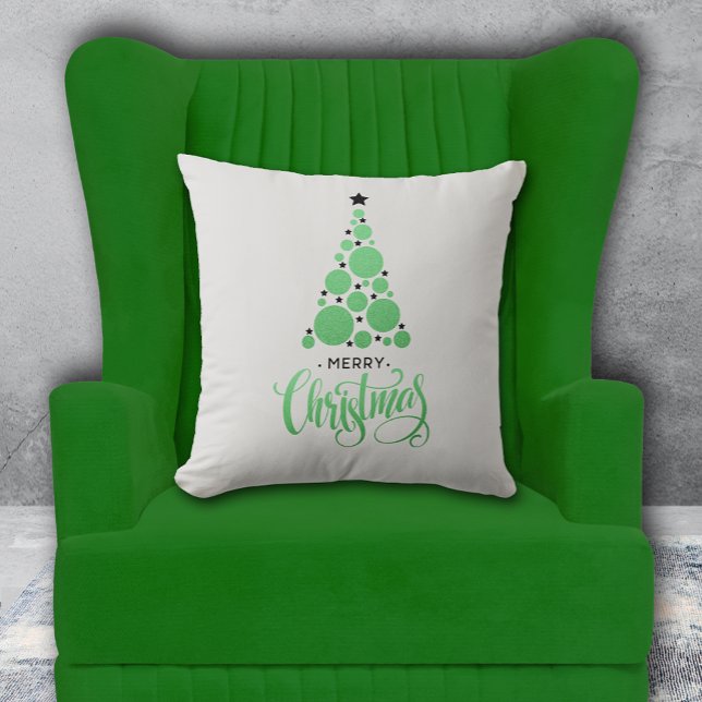 Merry Christmas Modern Green Tree Holiday Cushion (PIllow with Merry Christmas and modern green Christmas tree on pale gray background. Choose size. )