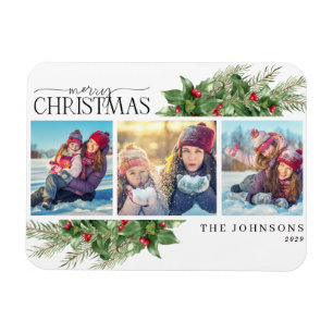 Merry Christmas Modern Holly Berry Photo Magnet