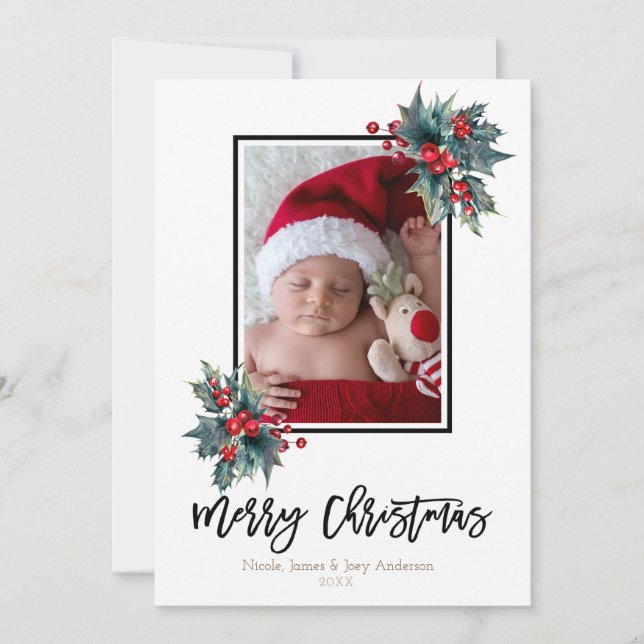 Merry Christmas Modern Holly Berry & Stripes Photo Holiday Card (Front)
