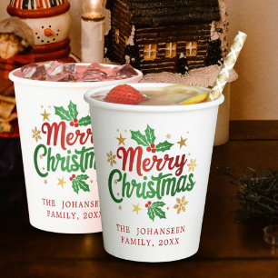 Merry Christmas Modern Holly Festive Family Party Paper Cups