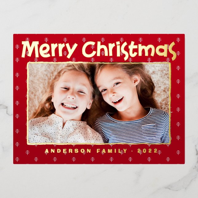 Merry Christmas Modern Leaf Pattern Family Photo Foil Holiday Postcard (Front)