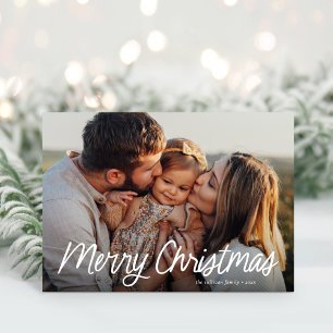 Merry Christmas Modern Lettering Simple One Photo Holiday Card