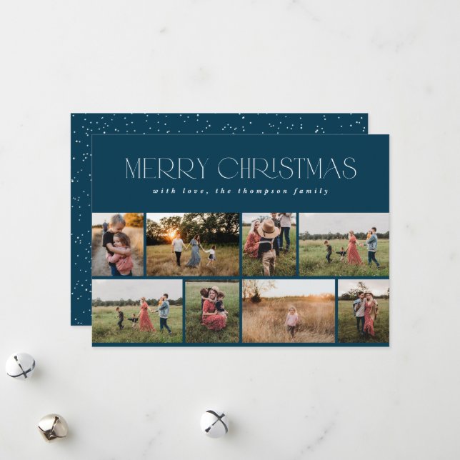 Merry Christmas Modern Minimal Navy Blue Photo Holiday Card (Front/Back In Situ)