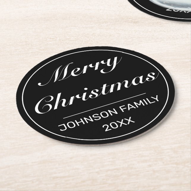 Merry Christmas Modern Minimalist Black White Round Paper Coaster (Angled)