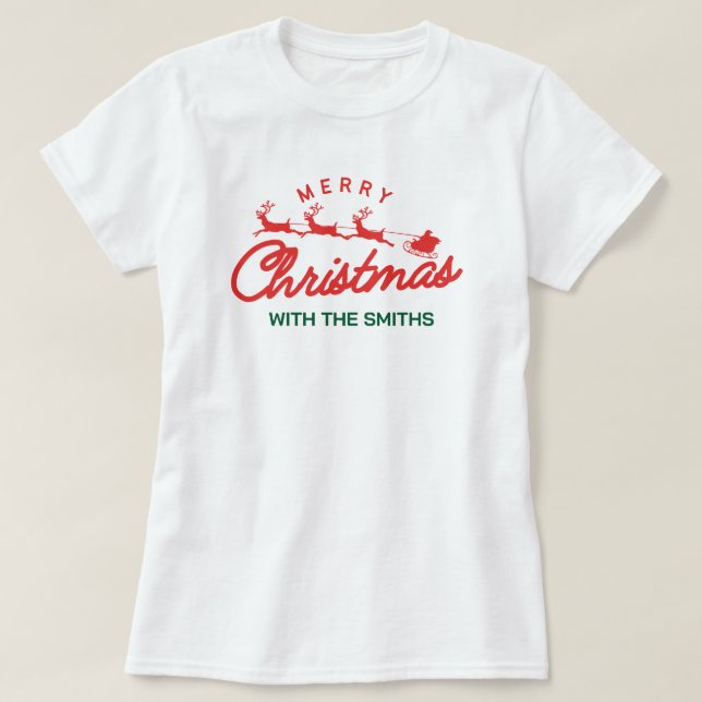 Merry Christmas Modern Minimalist Family Name T-Shirt (Design Front)