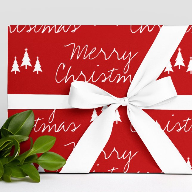 Merry Christmas Modern Minimalist Red Tree Pattern Wrapping Paper (Modern Red White Trees Pattern Merry Christmas Wrapping Paper
)