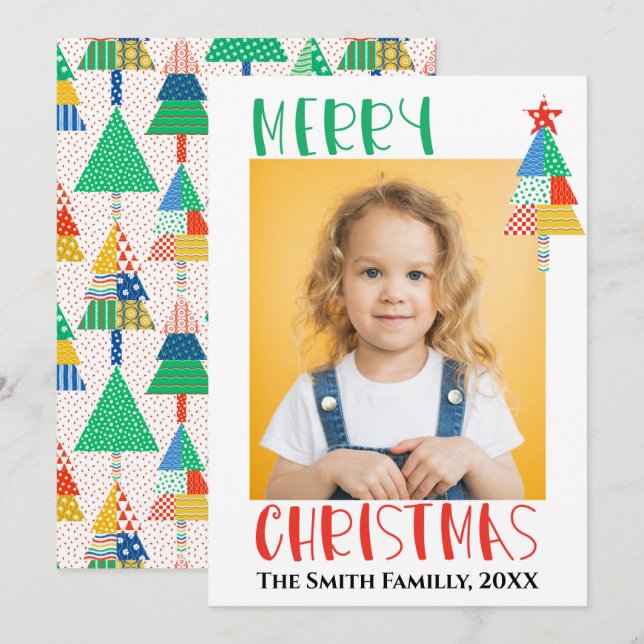 Merry Christmas Modern Patchwork Christmas Trees Card (Front/Back)