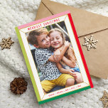 MERRY CHRISTMAS modern photo colour block border Holiday Card<br><div class="desc">by kat massard >>> WWW.SIMPLYSWEETPAPERIE.COM <<<
An cute card design that looks like a festive jewel with large portrait family photo,  and plain colour on the backside,  giving you the opportunity to handwrite a personal message.</div>