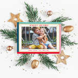 MERRY CHRISTMAS modern photo colour faceted border Holiday Card<br><div class="desc">by kat massard >>> WWW.SIMPLYSWEETPAPERIE.COM <<<
An cute card design that looks like a festive jewel with large landscape family photo,  and plain colour on the backside,  giving you the opportunity to handwrite a personal message.</div>