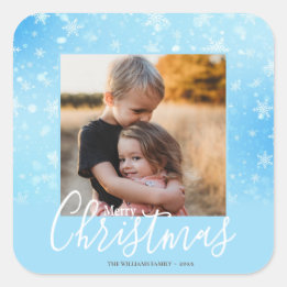 Merry Christmas Modern Photo Snowy Winter Blue Square Sticker