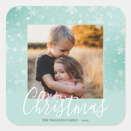 Merry Christmas Modern Photo Snowy Winter Green  Square Sticker