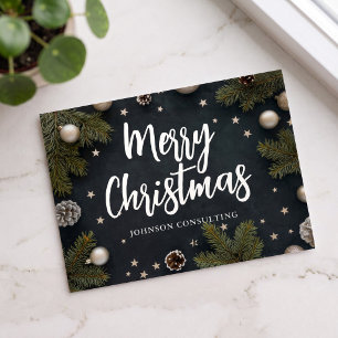 Merry Christmas Modern Pine Ornaments Stars Foil Holiday Postcard
