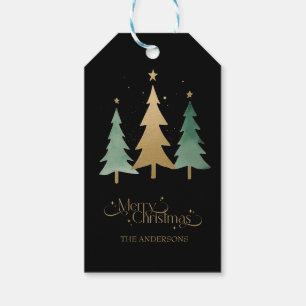 Merry Christmas Modern Pine Trees Black Gift Tags