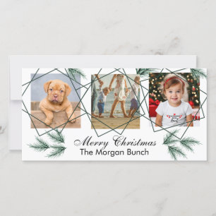 Merry Christmas Modern Pineneedle 3 Photo Collage Holiday Card